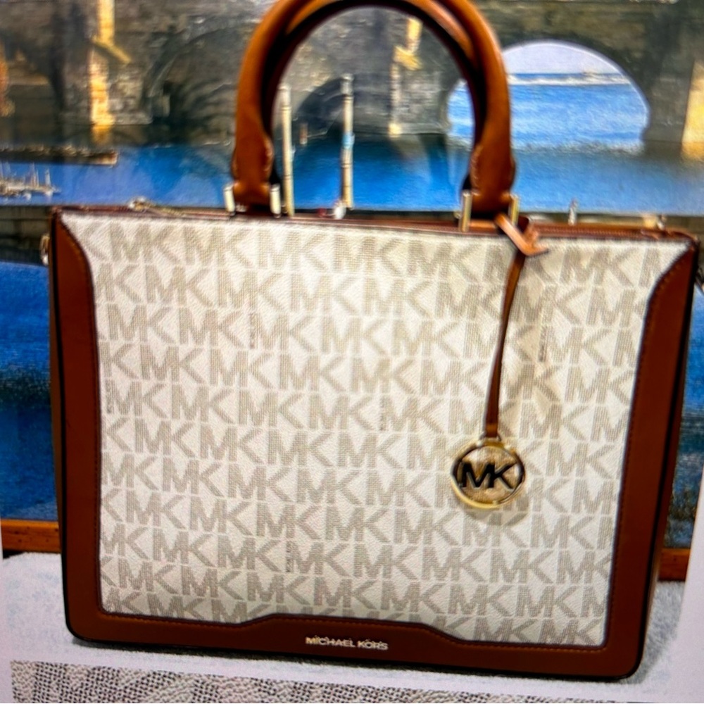 Michael Kors Charlotte Large Top Zip Tote Vanilla Signature Shoulder Bag